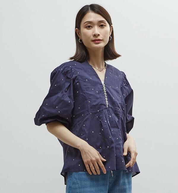 Soffitto「インド綿ドット刺繍バックオープンブラウス」|シャツ・ブラウス|ネイビー