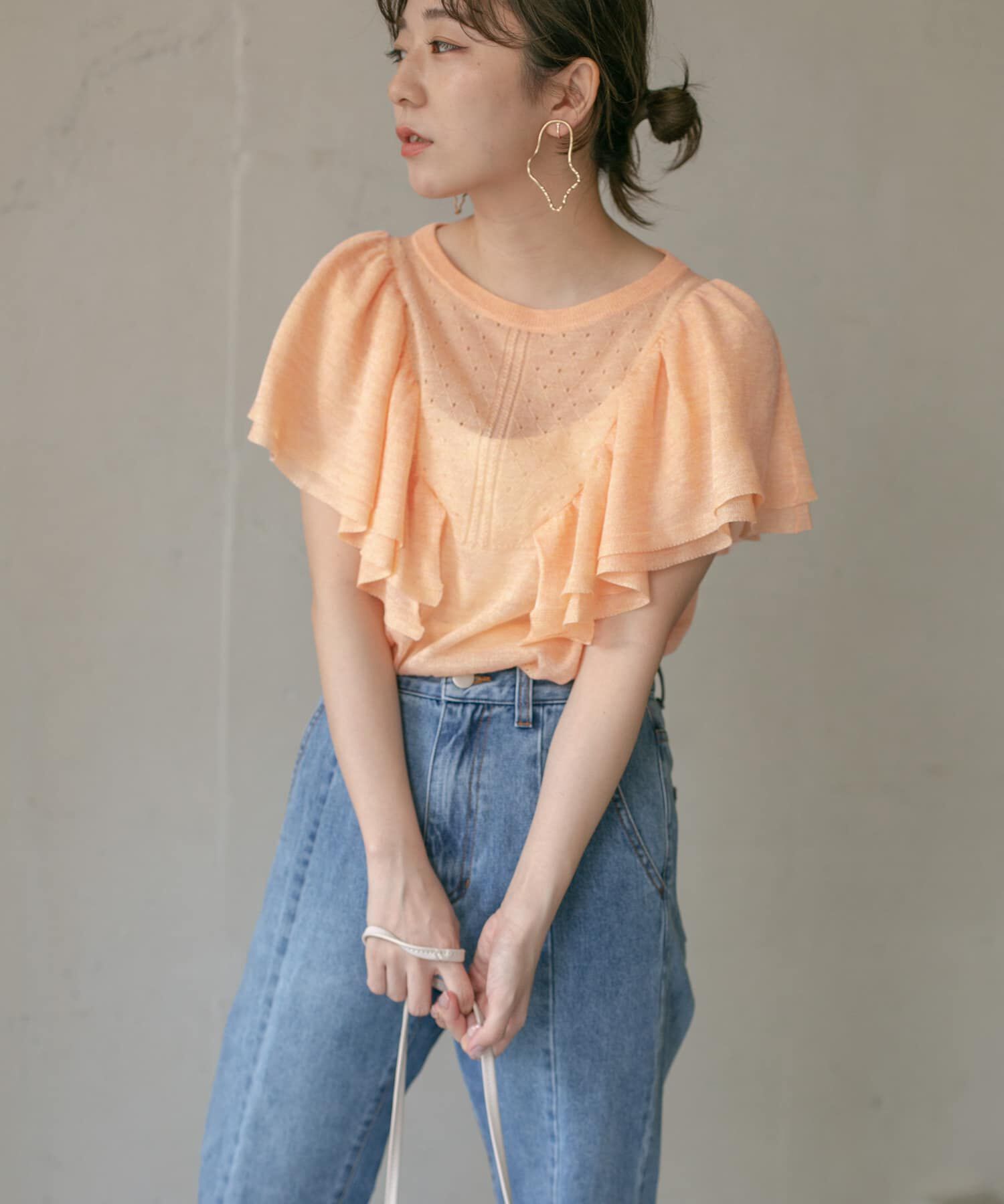  「透かし編みフリルニット&there4;」|ニット・セーター|オレンジ