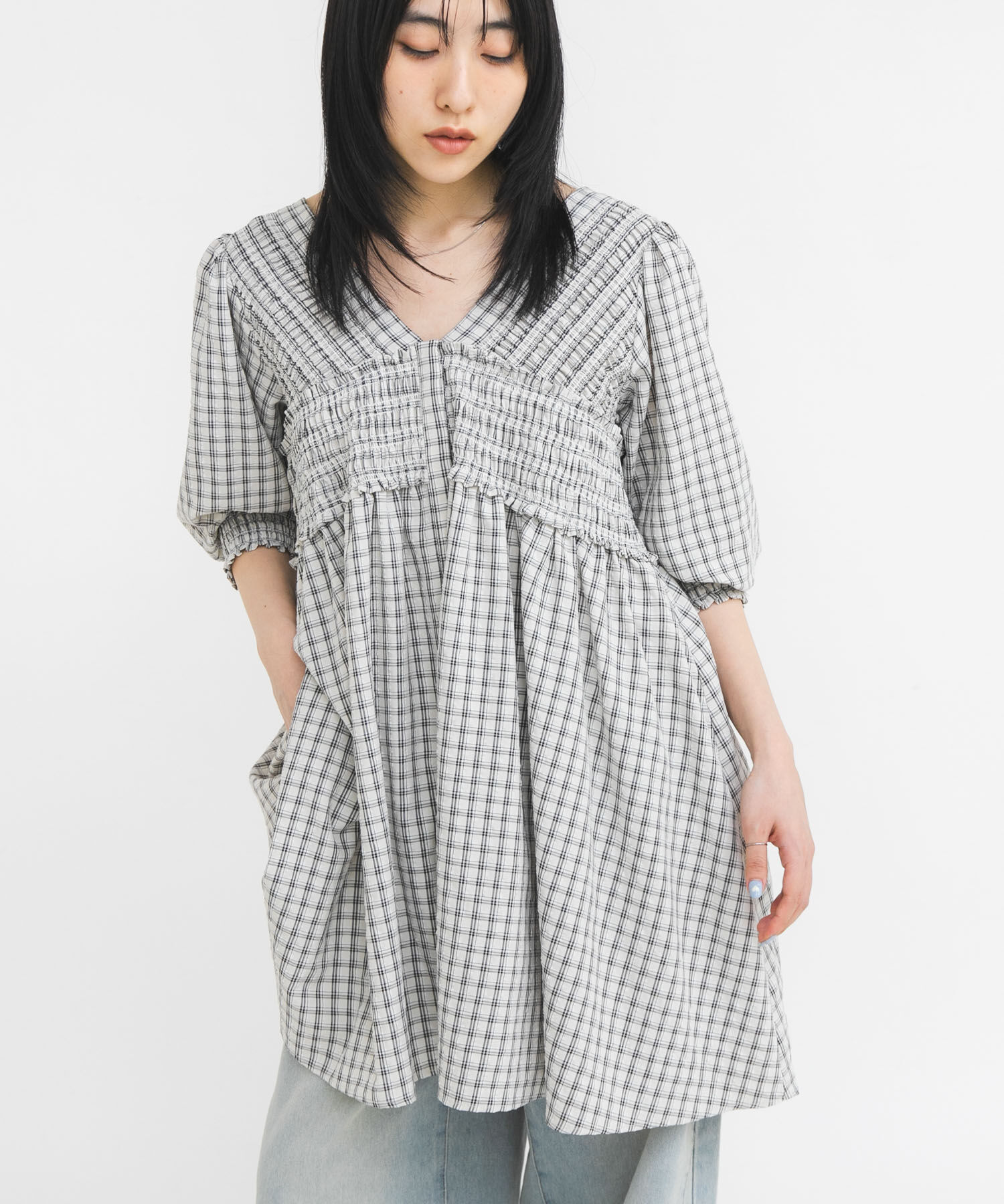  「2WAYシャーリングチェックミニワンピース」|ワンピース|