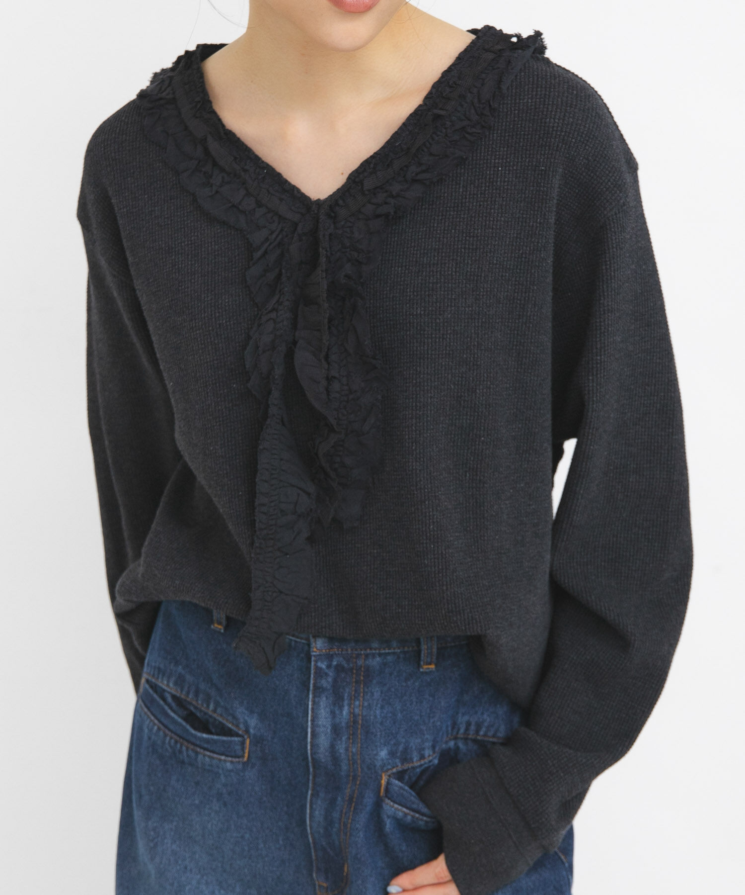  「レースフリルワッフルプルオーバー」|Tシャツ・カットソー|チャコールグレー