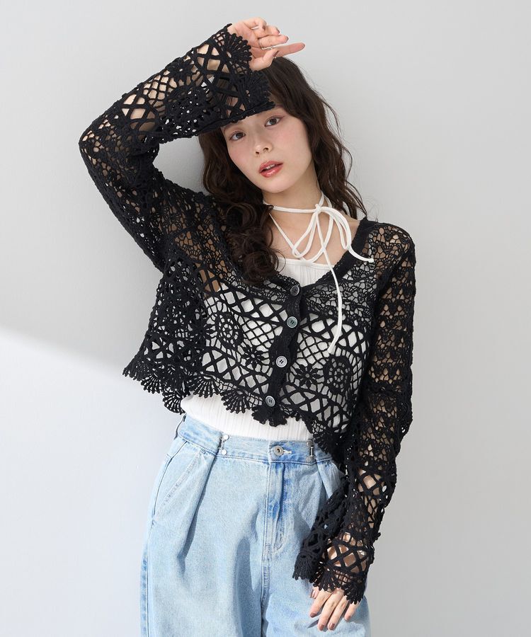 earth music&ecology「クロシェ風Vネックカーディガン」|カーディガン|