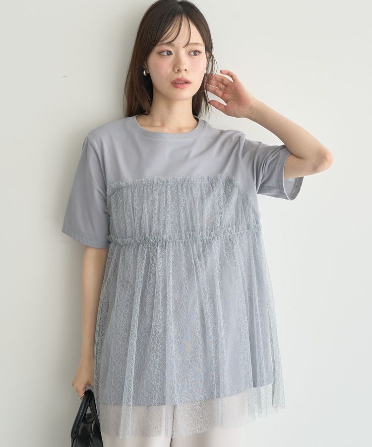 earth music&ecology「ニュアンス柄レースドッキングプルオーバー」|Tシャツ・カットソー|グレイッシュブルー