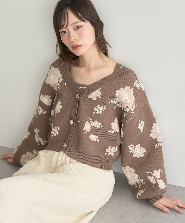 earth music&ecology「SET2点フラワージャガードカーデ+ビスチェ」|カーディガン|Brown