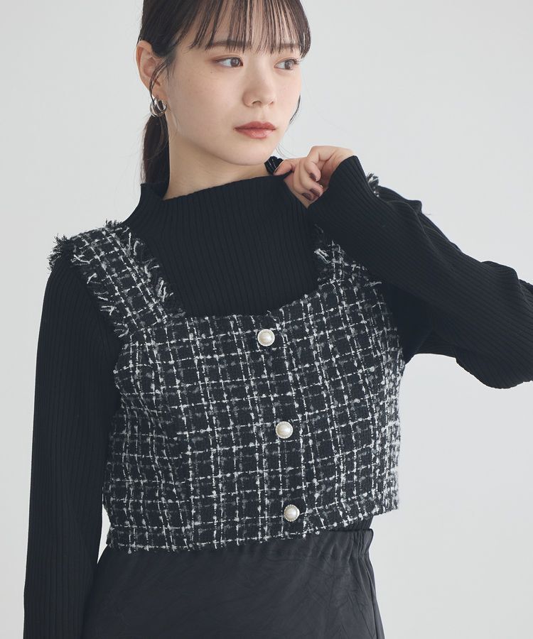 earth music&ecology「フリンジツイードビスチェ」|ベスト・ジレ|Black