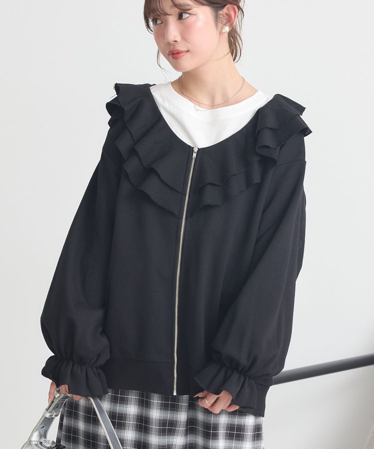 earth music&ecology「フリルカラーZipウラケブルゾン」|カーディガン|Black