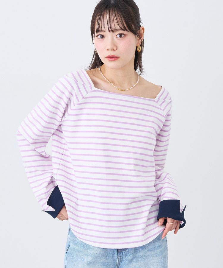 earth music&ecology「バイカラースクエアネックボーダープルオーバー」|Tシャツ・カットソー|Lilac