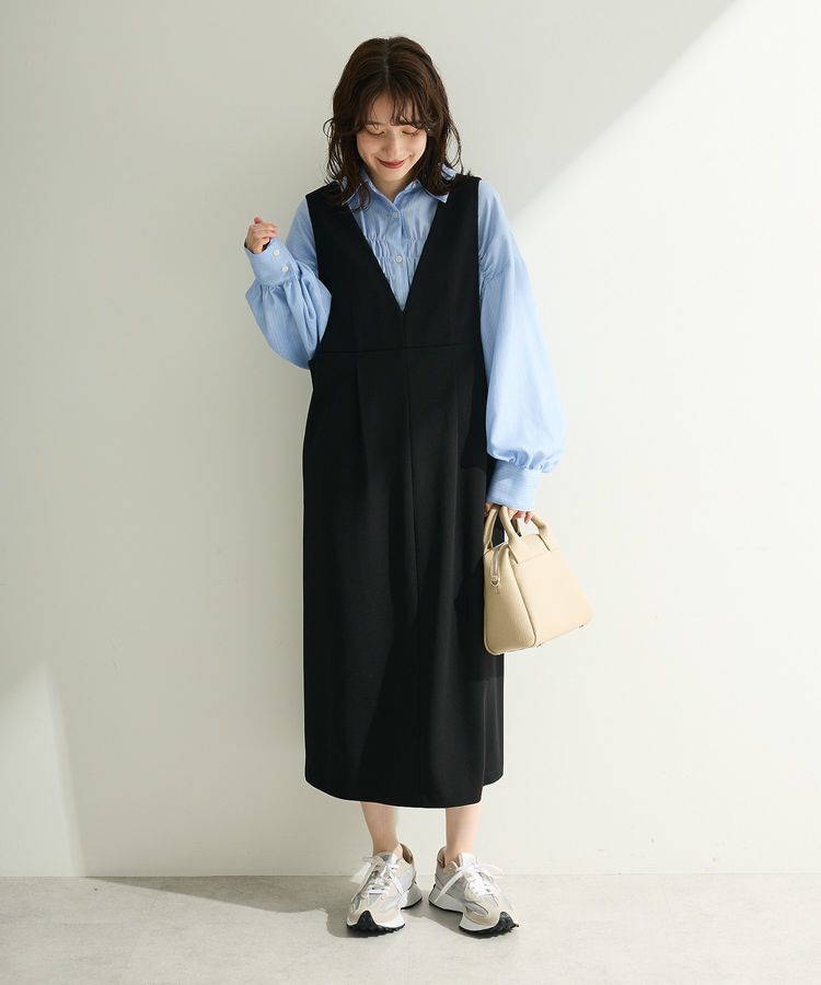 Green Parks「O.洗えてストレッチ Vネックジャンスカ」|ジャンパースカート|