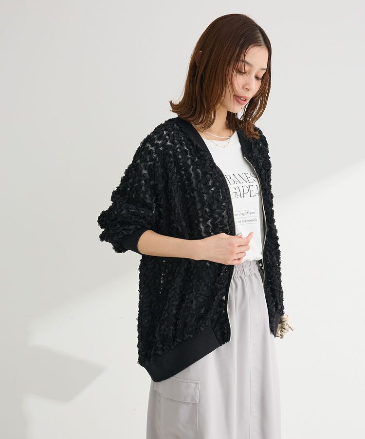 Green Parks「フラワー柄チュールブルゾン」|ブルゾン・スタジャン|Black