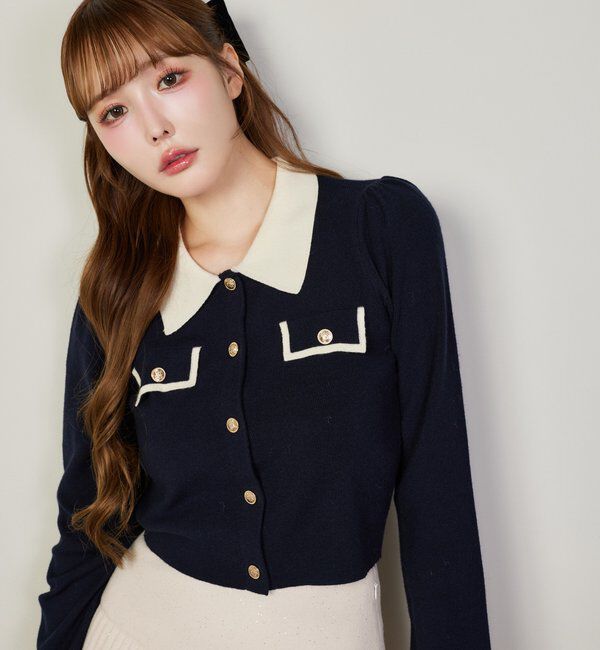  「金ボタン配色衿ニット」|ニット・セーター|ネイビー