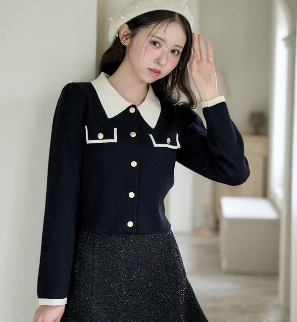  「金ボタン配色衿ニット」|ニット・セーター|