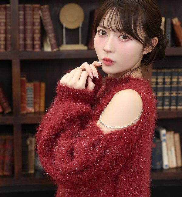  「肩あきビジューニットミニワンピ」|ワンピース|