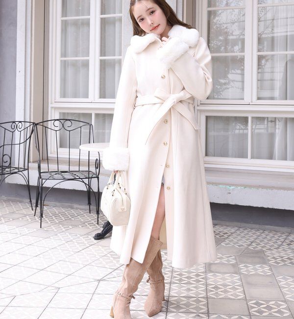  「【サイズ展開あり】襟/袖ファーマルチリボンロングコート」|その他|アイボリー