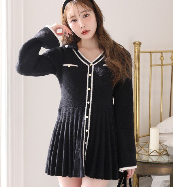  「襟付き配色ニットミニワンピース」|ワンピース|ブラック
