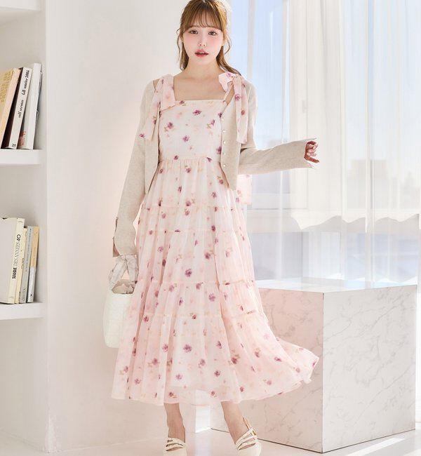  「【肩リボン取り外し可能】カーディガンセット２枚セットワンピ」|ワンピース|