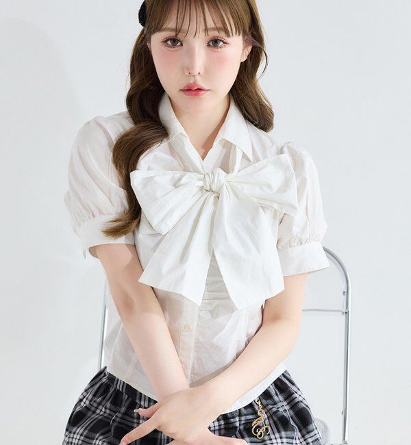  「半袖フロントギャザーボウタイブラウス」|シャツ・ブラウス|