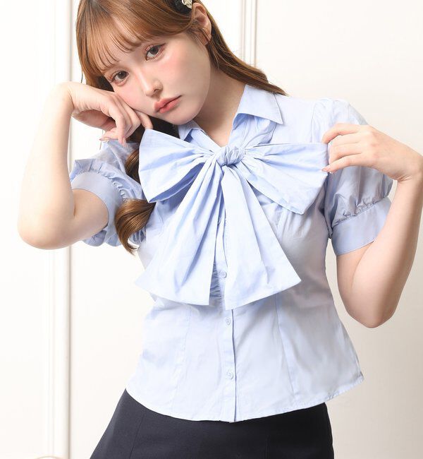  「半袖フロントギャザーボウタイブラウス」|シャツ・ブラウス|サックスブルー