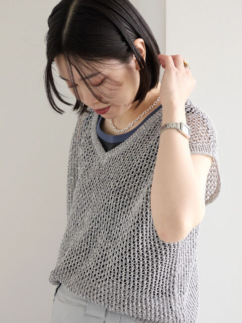 Samansa Mos2 blue「メランジラメメッシュニットベスト」|ニット・セーター|