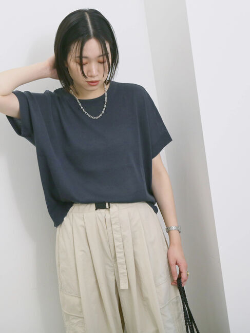 Samansa Mos2 blue「【マシンウォッシャブル】麻タッチニットプルオーバー」|ニット・セーター|