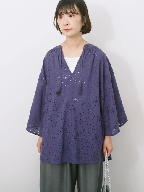 Samansa Mos2 blue「【Made in India】タッセル付ギャザーレースブラウス」|シャツ・ブラウス|