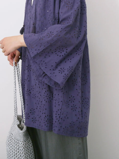 Samansa Mos2 blue「【Made in India】タッセル付ギャザーレースブラウス」|シャツ・ブラウス|