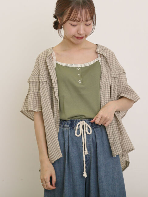 Samansa Mos2「フリル切替ブラウス」|シャツ・ブラウス|ベージュ