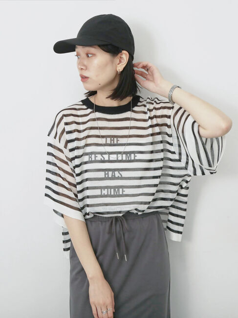 Samansa Mos2 blue「ボーダーロゴニットプルオーバー」|ニット・セーター|