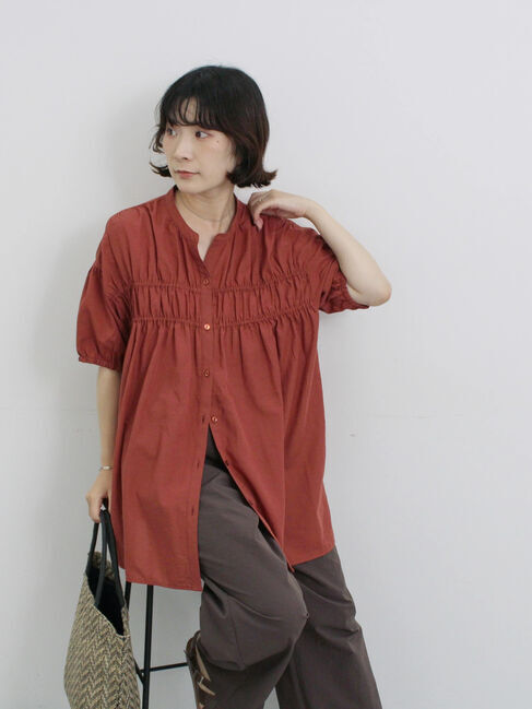 Samansa Mos2 blue「シャーリングチュニック」|シャツ・ブラウス|シュアカ