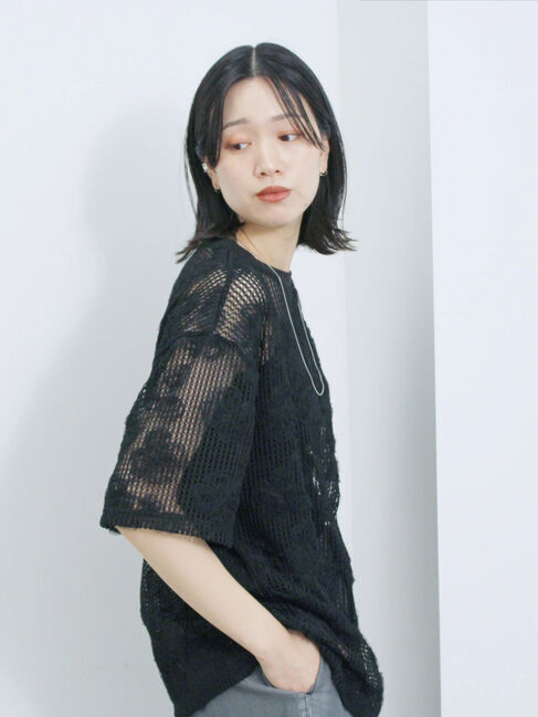 Samansa Mos2 blue「チュールフラワーコードTシャツ」|Tシャツ・カットソー|