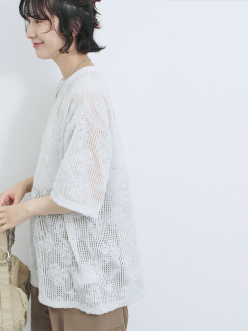 Samansa Mos2 blue「チュールフラワーコードTシャツ」|Tシャツ・カットソー|