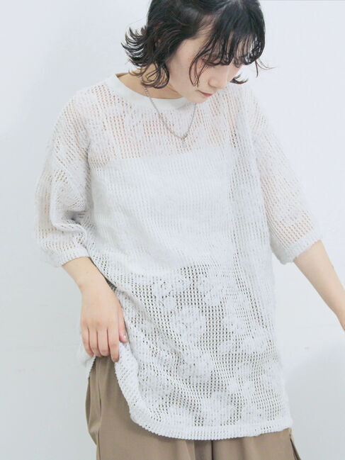 Samansa Mos2 blue「チュールフラワーコードTシャツ」|Tシャツ・カットソー|グレー