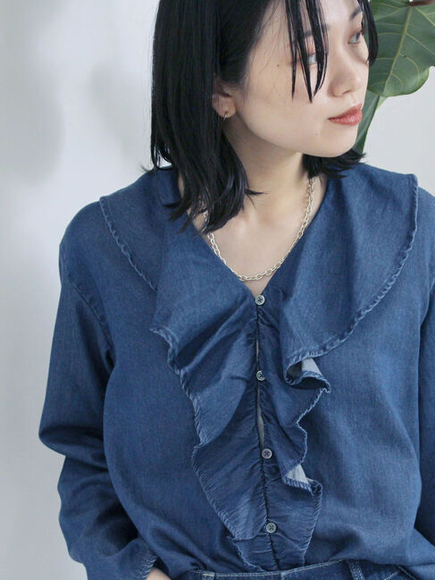 Samansa Mos2 blue「【ECO DENIM 】フリルブラウス」|シャツ・ブラウス|ネイビー