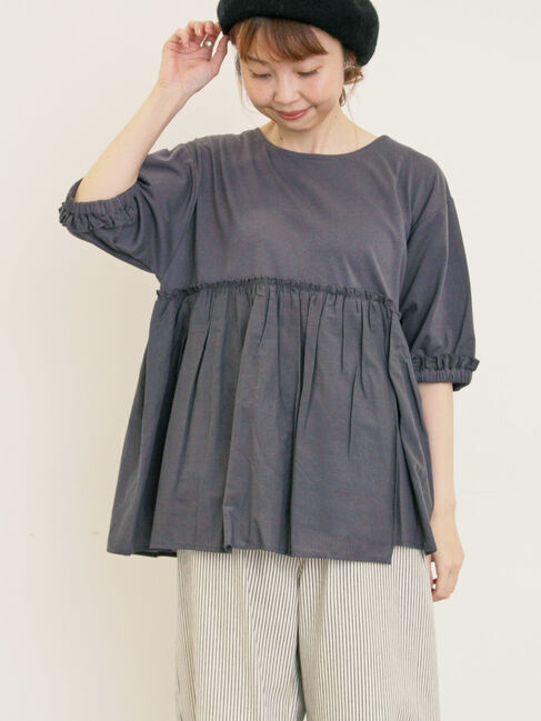 Samansa Mos2「布帛ギャザー貼りカットソー」|Tシャツ・カットソー|チャコールグレー