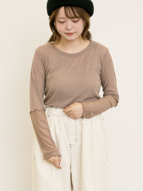 Samansa Mos2「袖シアー切替メローカットソー」|Tシャツ・カットソー|モカ