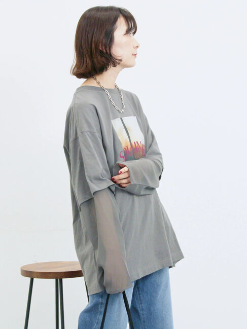 Samansa Mos2 blue「袖シフォンレイヤードプルオーバー」|Tシャツ・カットソー|