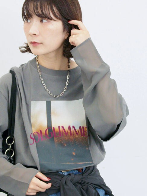 Samansa Mos2 blue「袖シフォンレイヤードプルオーバー」|Tシャツ・カットソー|チャコールグレー