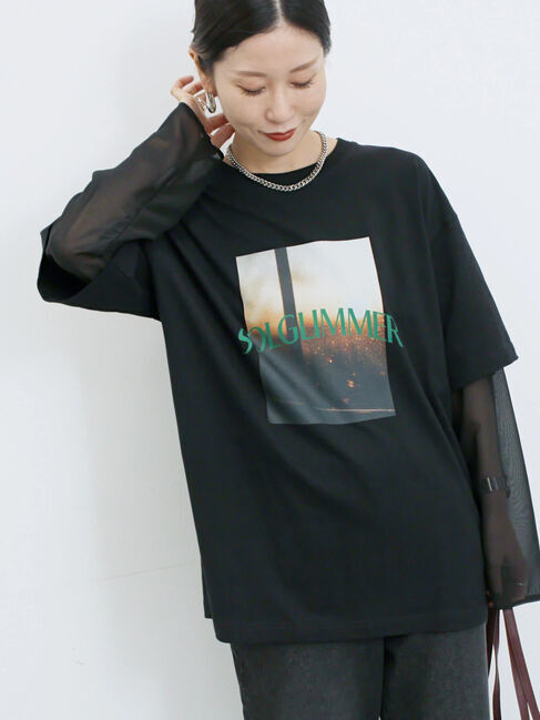 Samansa Mos2 blue「袖シフォンレイヤードプルオーバー」|Tシャツ・カットソー|ブラック