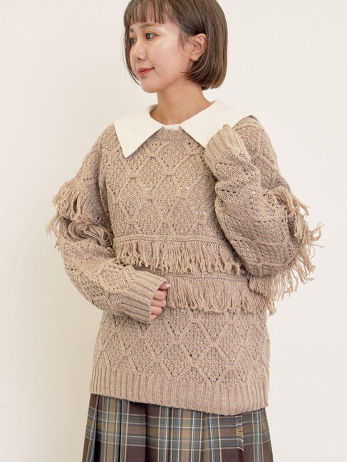 Samansa Mos2「【Fluffy Wool Blend】フリンジ前後2WAYニット」|カーディガン|ベージュ