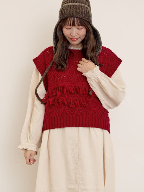 Samansa Mos2「【Fluffy Wool Blend】フリンジニットベスト」|ダウンベスト・ベスト|レッド