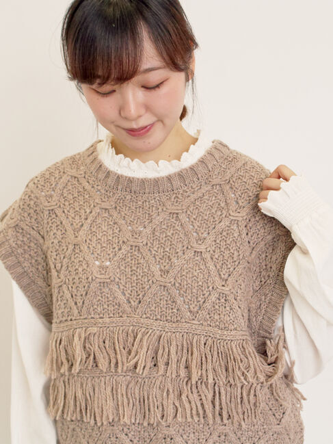 Samansa Mos2「【Fluffy Wool Blend】フリンジニットベスト」|ダウンベスト・ベスト|ベージュ