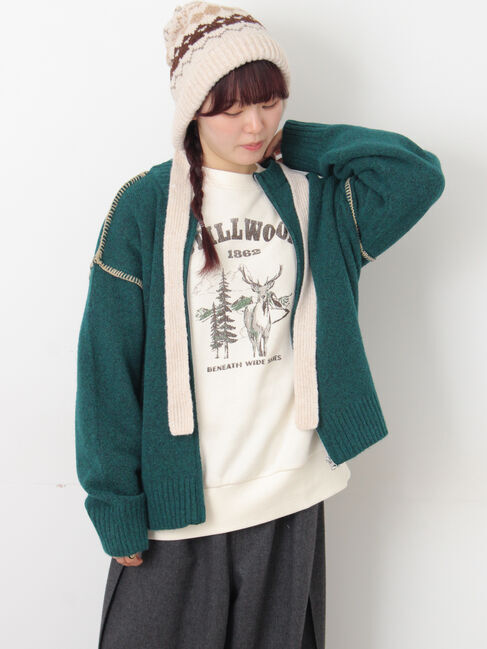 Samansa Mos2「かがりステッチZIPニットカーディガン」|カーディガン|グリーン