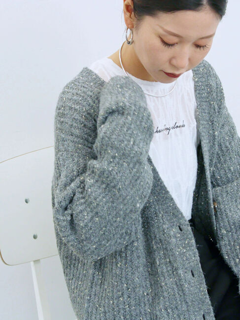 Samansa Mos2 blue「ラメニットVネックカーディガン」|カーディガン|チャコールグレー