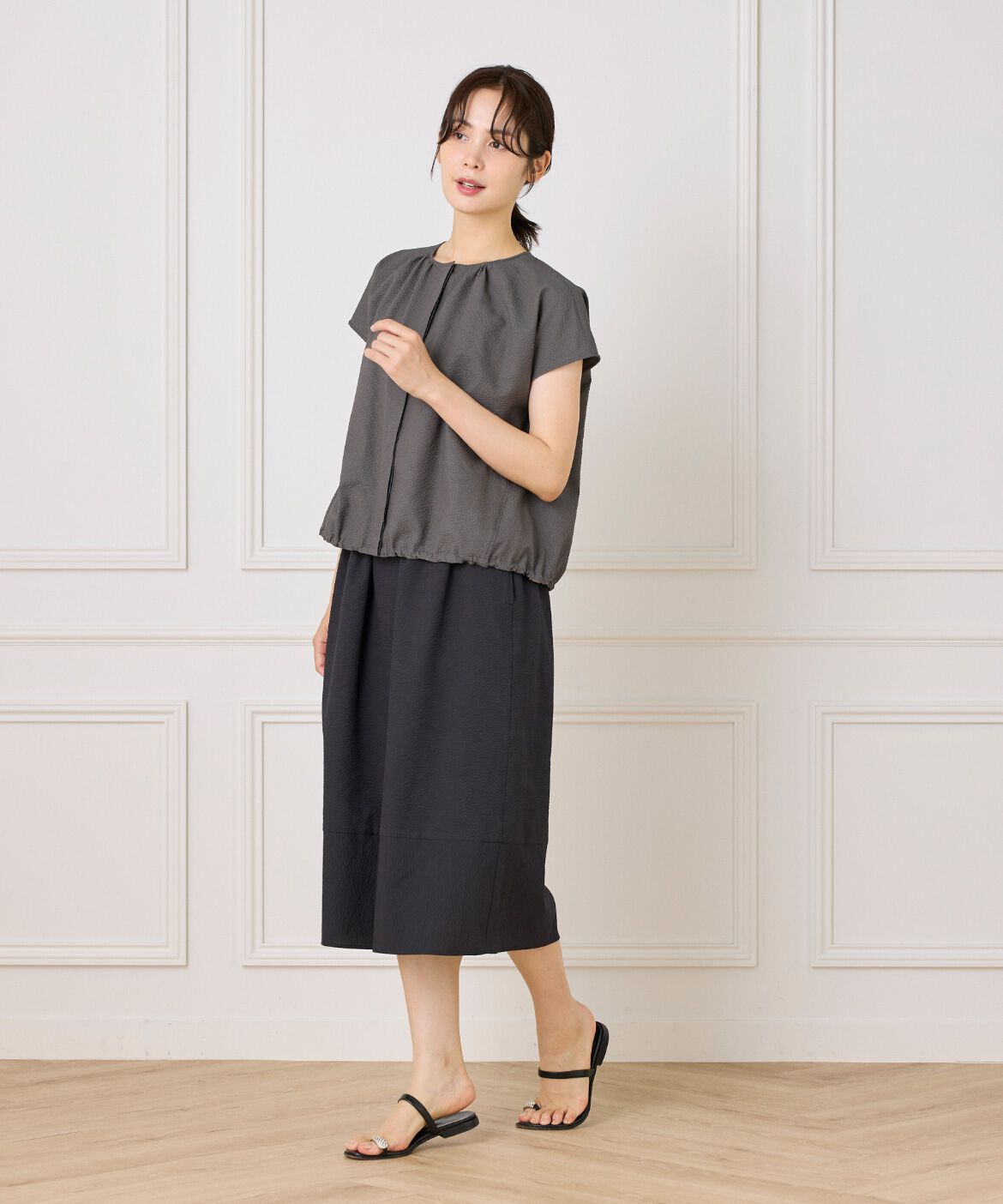 7-IDconcept.「サッカーチェック 切り替えギャザースカート」|台形|