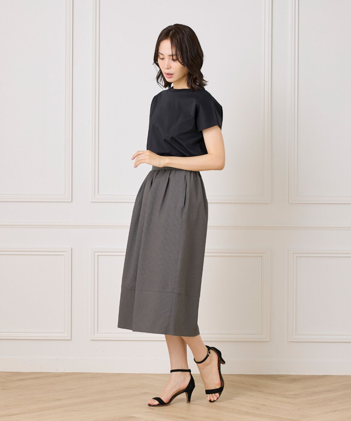 7-IDconcept.「サッカーチェック 切り替えギャザースカート」|台形|