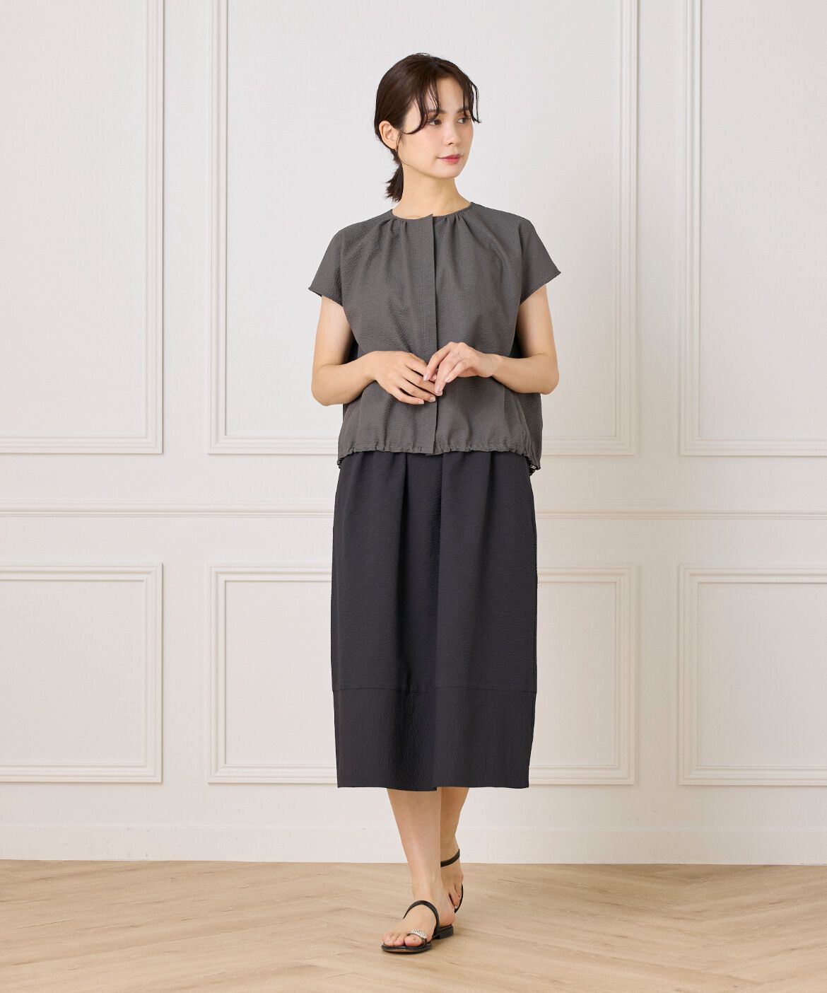 7-IDconcept.「サッカーチェック 切り替えギャザースカート」|台形|