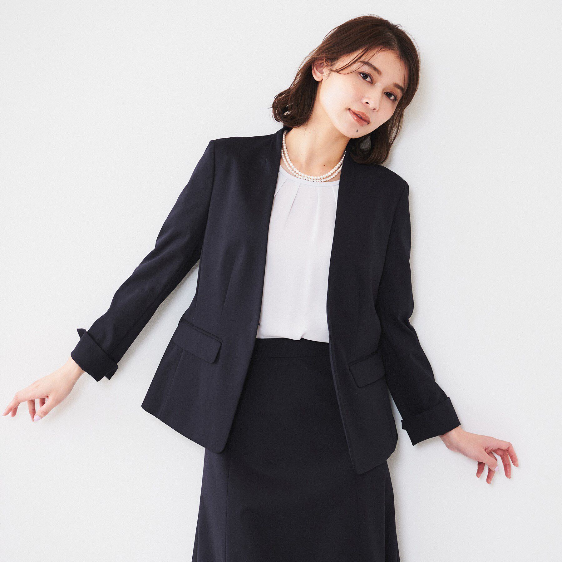 UNTITLED「【通勤スーツ】コットン混ジャージ カラーレスジャケット」|ノーカラージャケット|