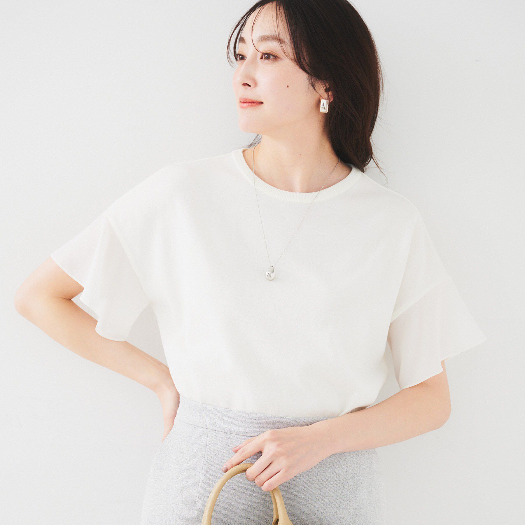 UNTITLED「【洗える/体型カバー】袖異素材プルオーバーニット」|ニット・セーター|