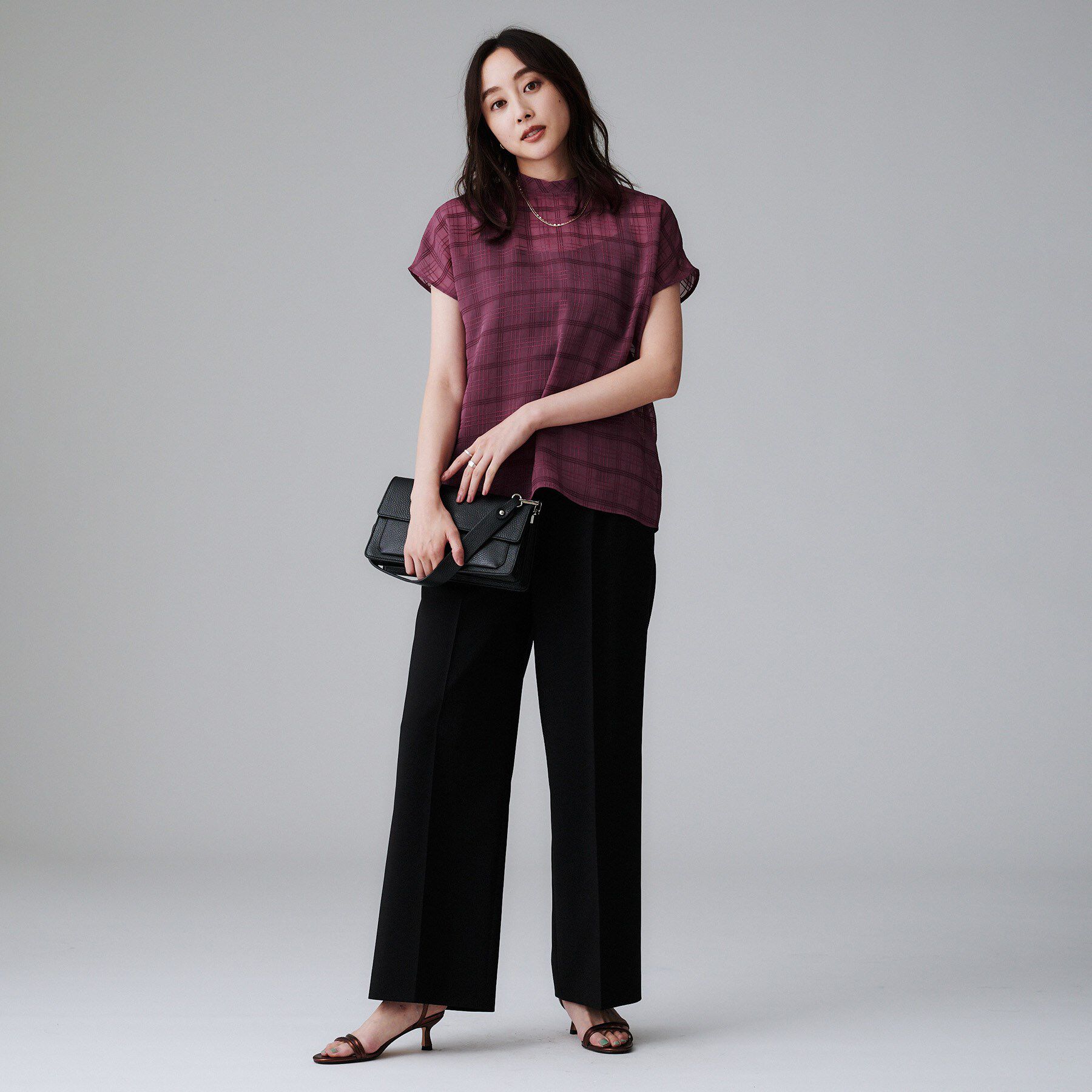 UNTITLED「【シアー】チェックスタンドネックブラウス」|シャツ・ブラウス|