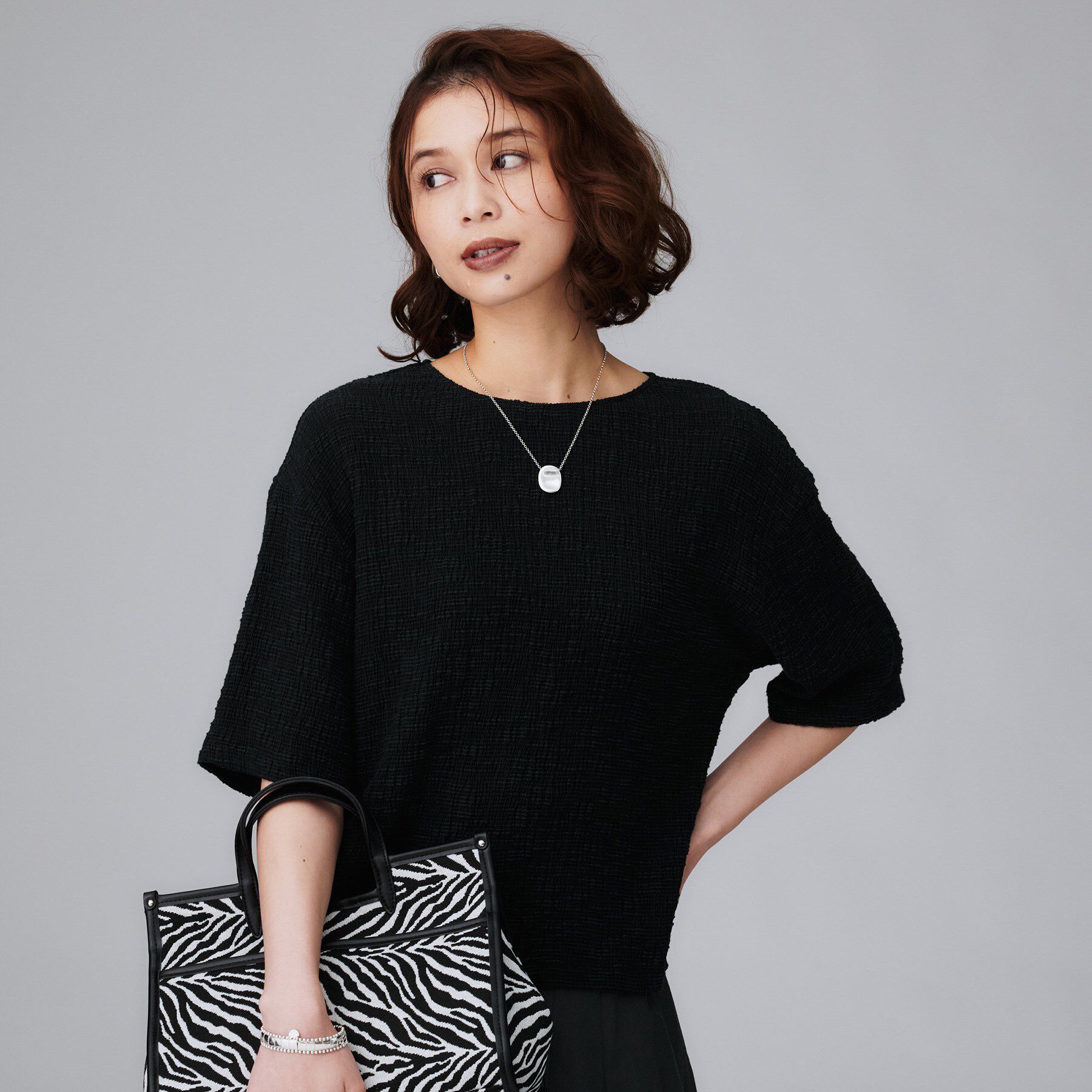 UNTITLED「【五分袖/ジャージトップス】スラブカールマイヤープルオーバー」|Tシャツ・カットソー|ブラック(019)