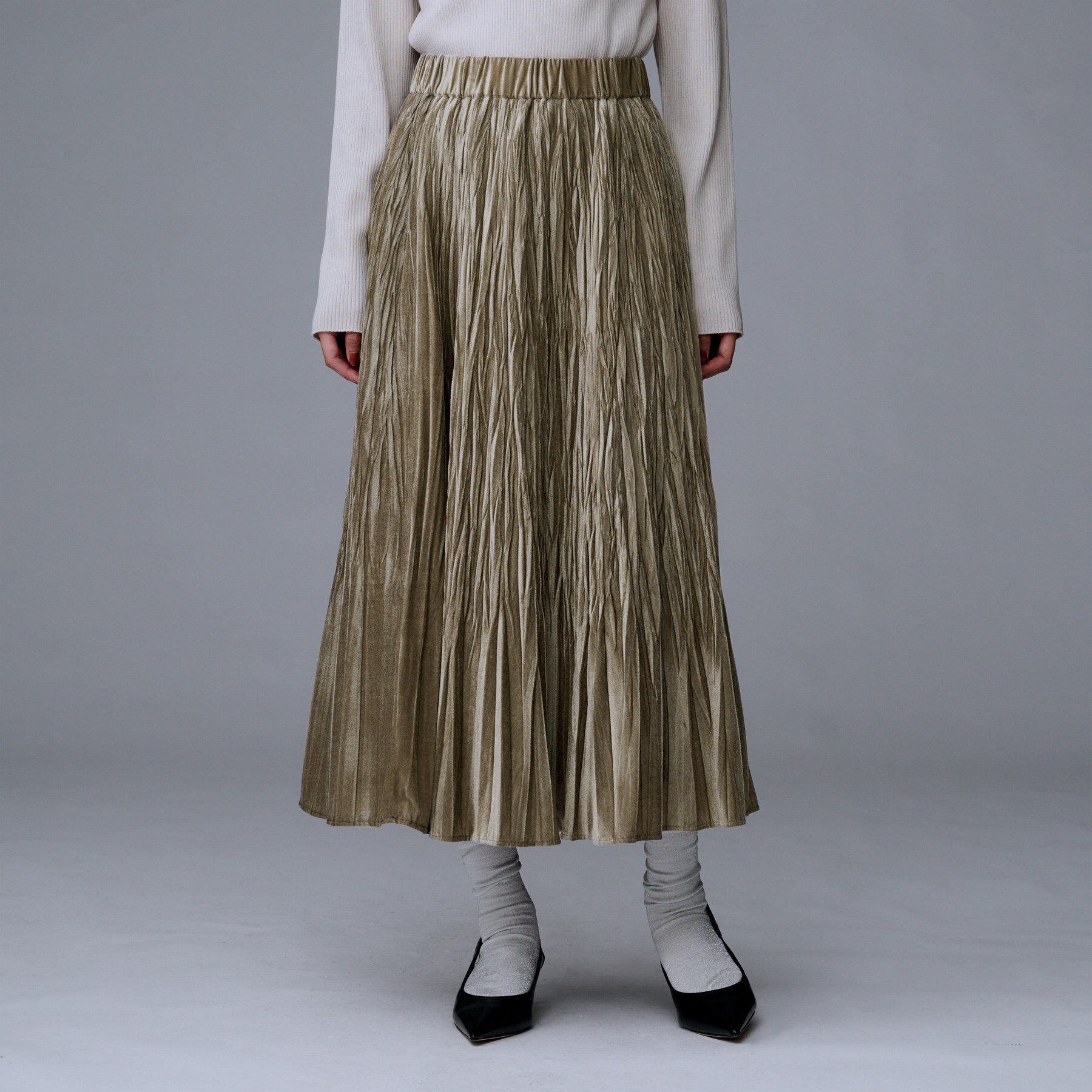 UNTITLED「【ウエストゴム／着映え】ランダムプリーツベロアスカート」|スカート|