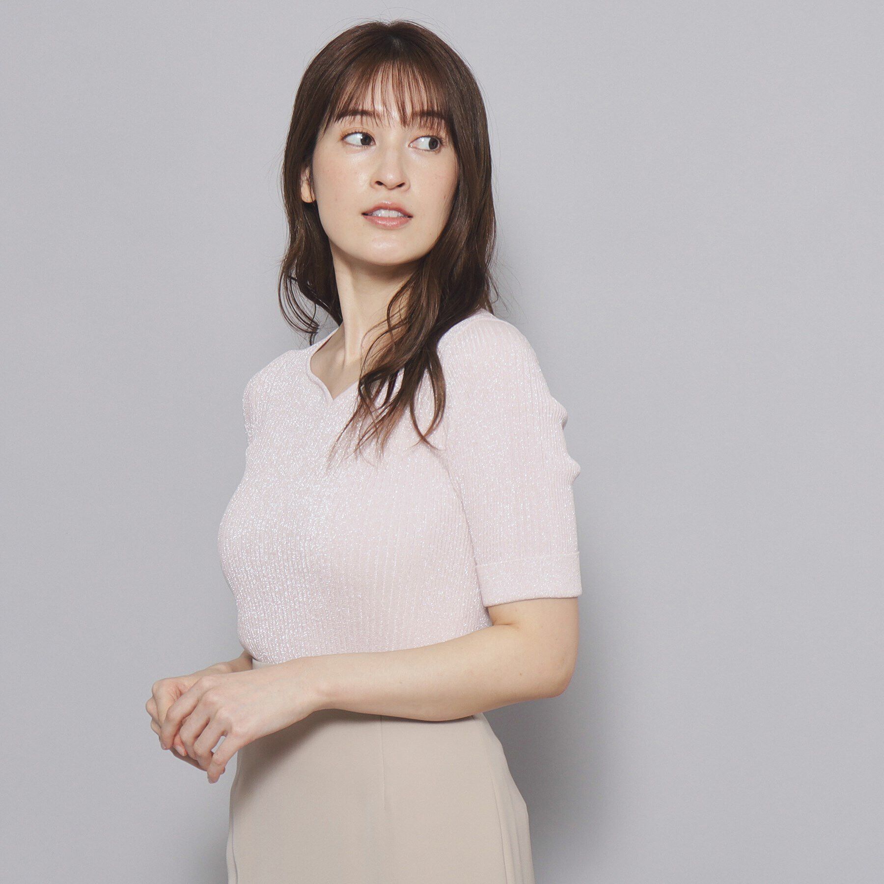COUP DE CHANCE「【洗える／日本製／ハートネック】5分袖ラメ入りニットトップス」|ニット・セーター|